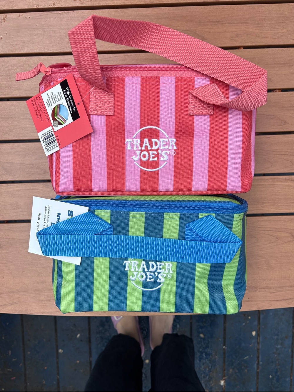 Trader Joe's Striped Insulated Lunch Tote - Pink & Red / Blue & Green